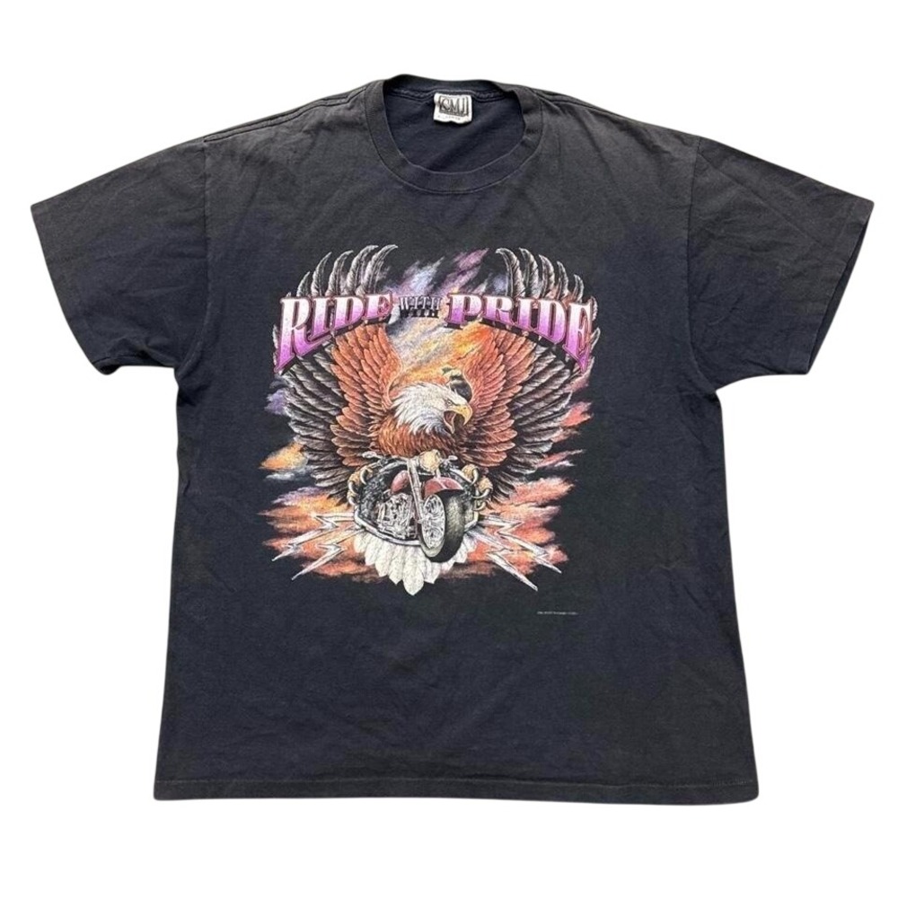 Vintage Insane Fade Black Eagle Biker Tee 90s "Ride With Pride" Single Stitch L